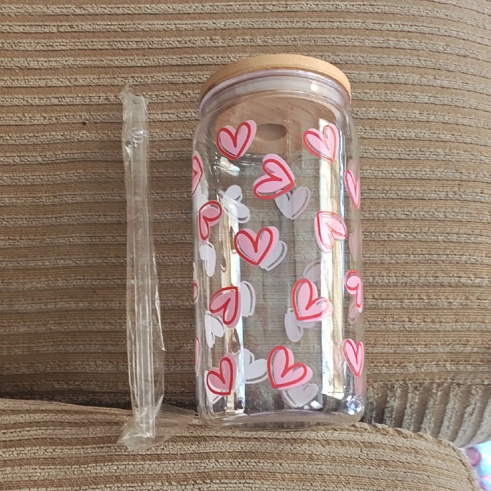 Heart Patterned Drinking Jar with Straw